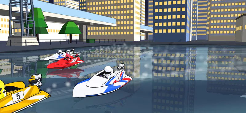 5号艇・3号艇・1号艇が並んでターンへ向かう3Dの場面。